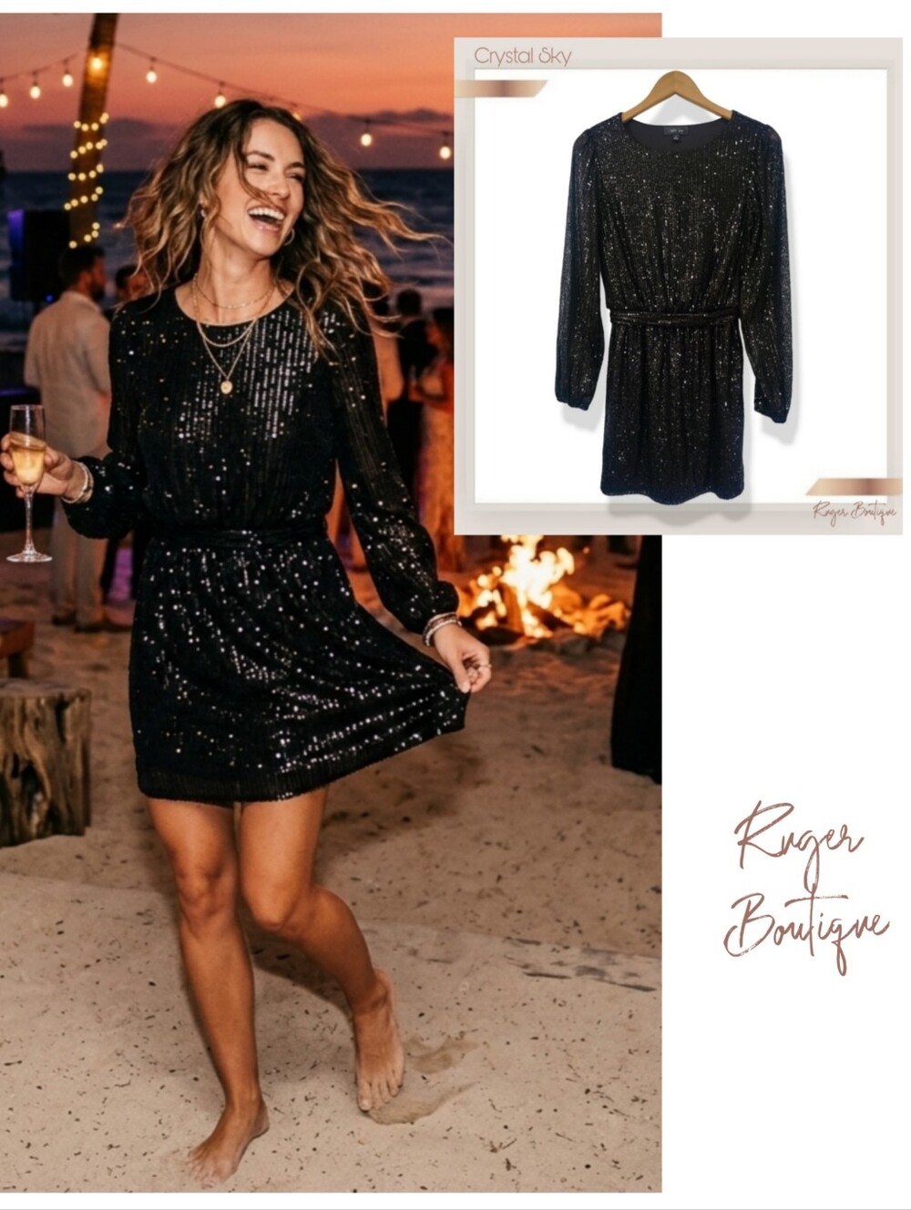 🌿Crystal Sky Black Sequin Mesh Mini Dress Medium Tie Back Longsleeve Sleeve